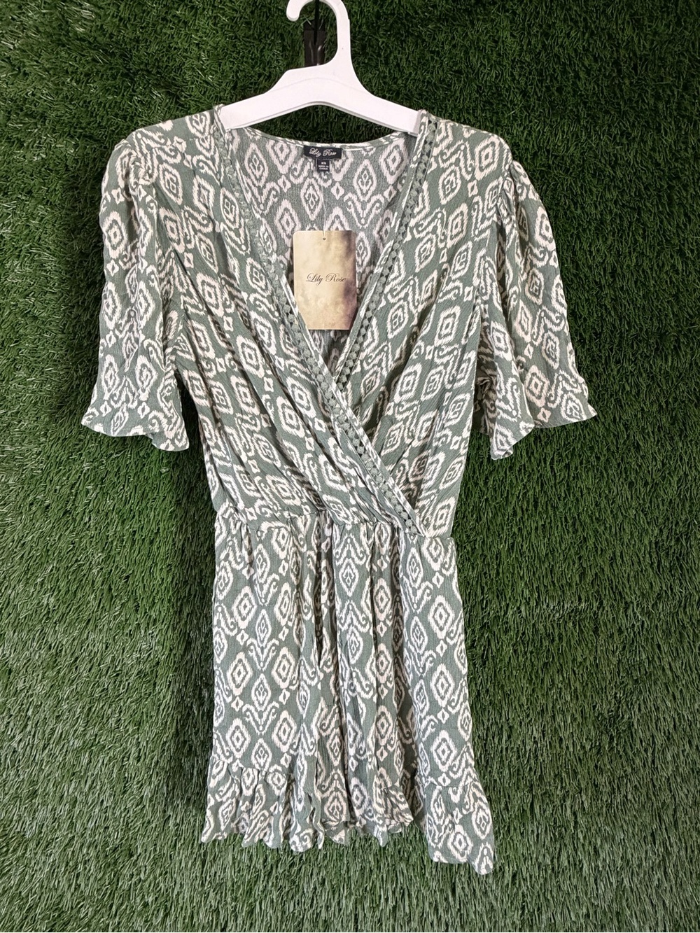 Lily Rose Sage Green and White Ikat Wrap Tunic